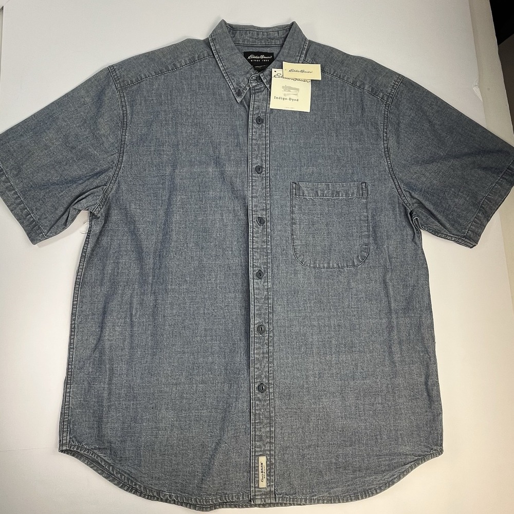 NEW Eddie Bauer Denim Shirt Blue Button Down Short Sleeve Men's Size Large